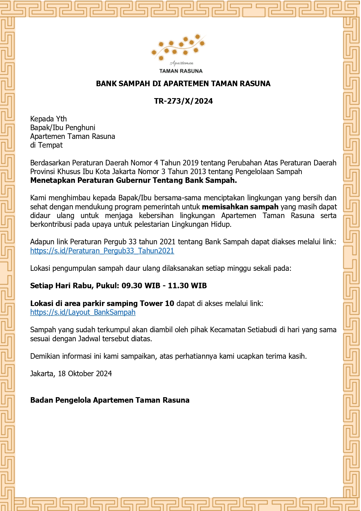 BANK SAMPAH DI APARTEMEN TAMAN RASUNA  TR-273/X/2024