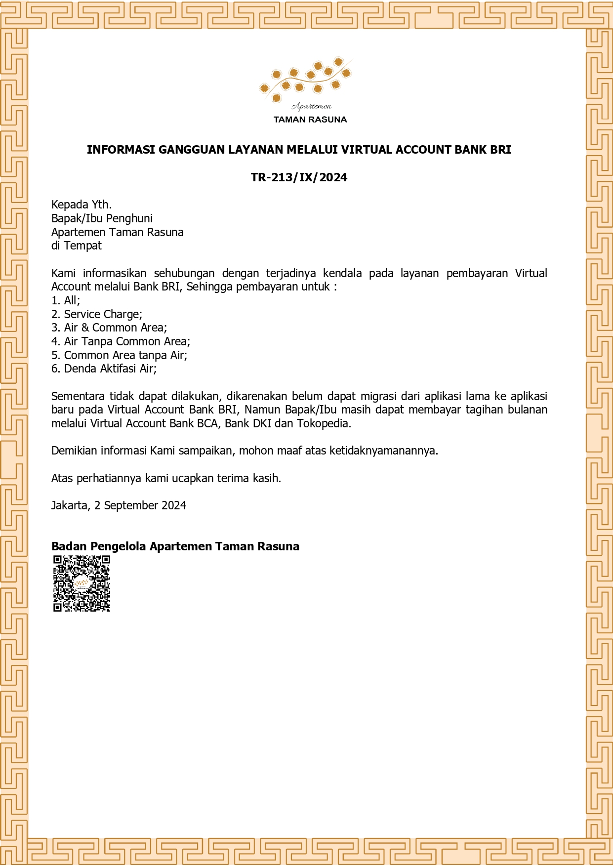 INFORMASI GANGGUAN LAYANAN MELALUI VIRTUAL ACCOUNT BANK BRI  TR-213/IX/2024