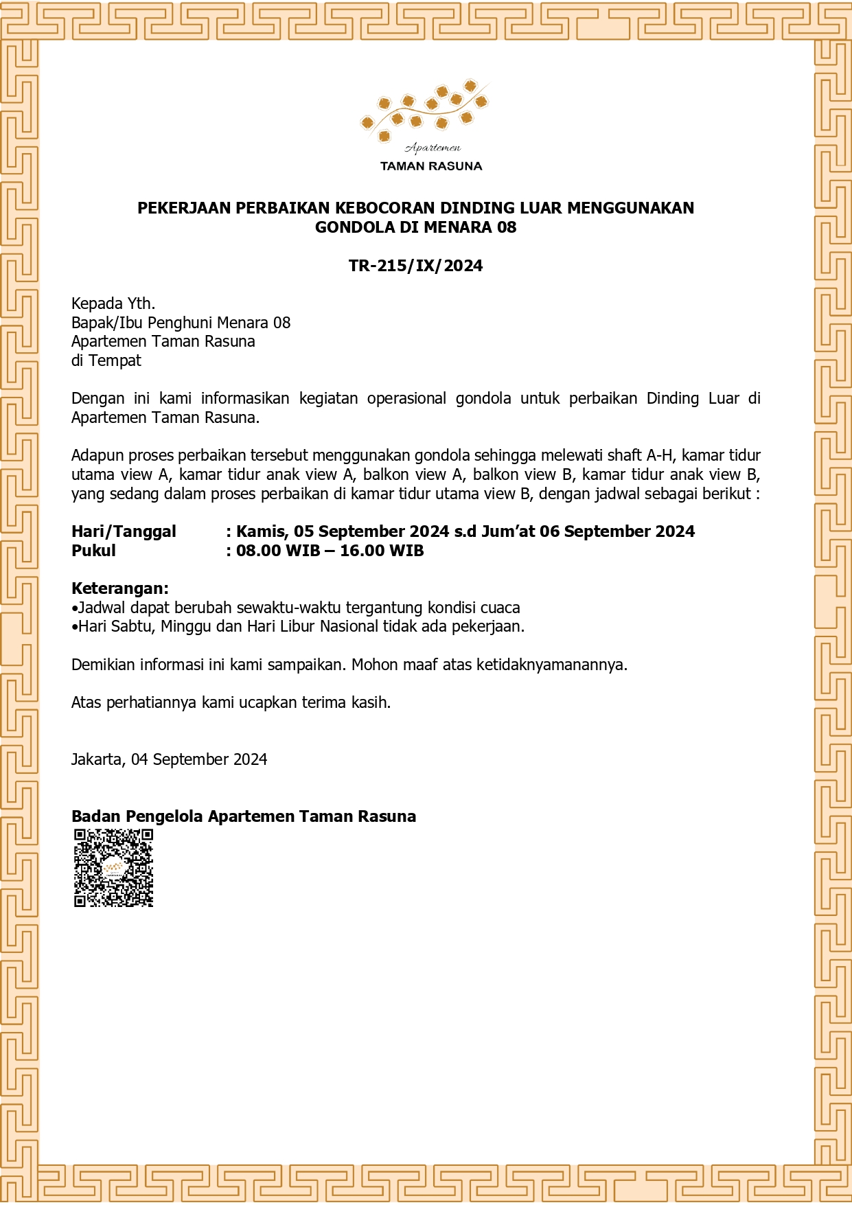 PEKERJAAN PERBAIKAN KEBOCORAN DINDING LUAR MENGGUNAKAN GONDOLA DI MENARA 08  TR-215/IX/2024