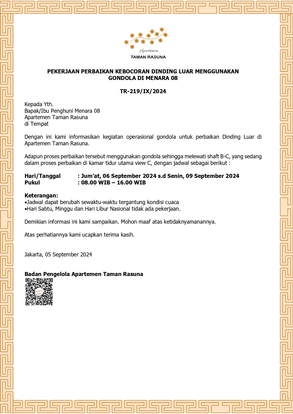 PEKERJAAN PERBAIKAN KEBOCORAN DINDING LUAR MENGGUNAKAN GONDOLA DI MENARA 08  TR-219/IX/2024