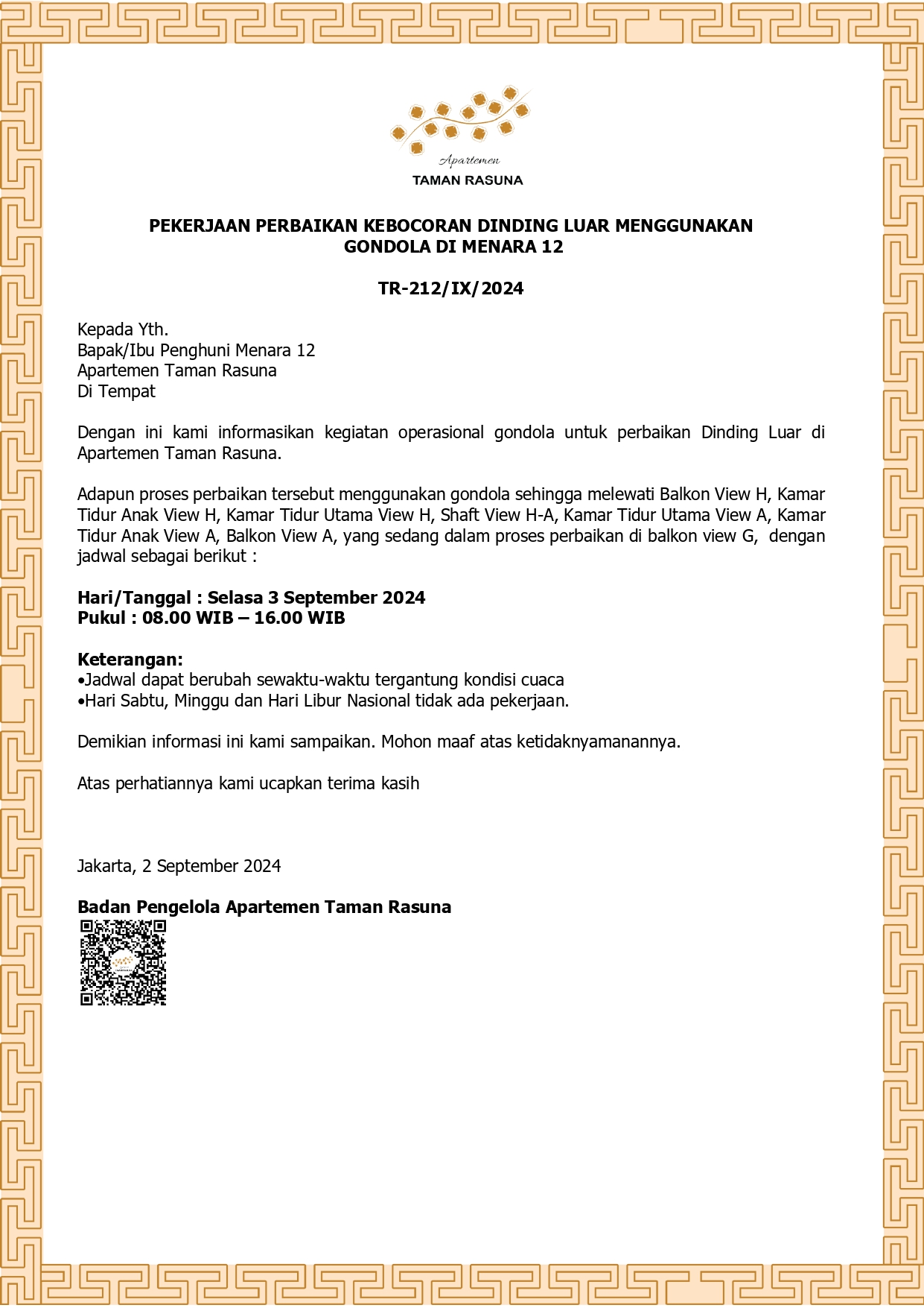 PEKERJAAN PERBAIKAN KEBOCORAN DINDING LUAR MENGGUNAKAN GONDOLA DI MENARA 12  TR-212/IX/2024