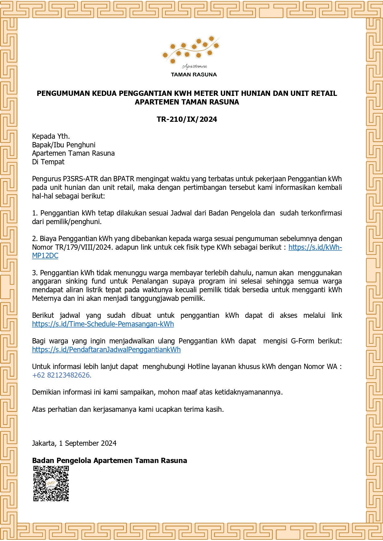 PENGUMUMAN KEDUA PENGGANTIAN KWH METER UNIT HUNIAN DAN UNIT RETAIL APARTEMEN TAMAN RASUNA  TR-210/IX/2024