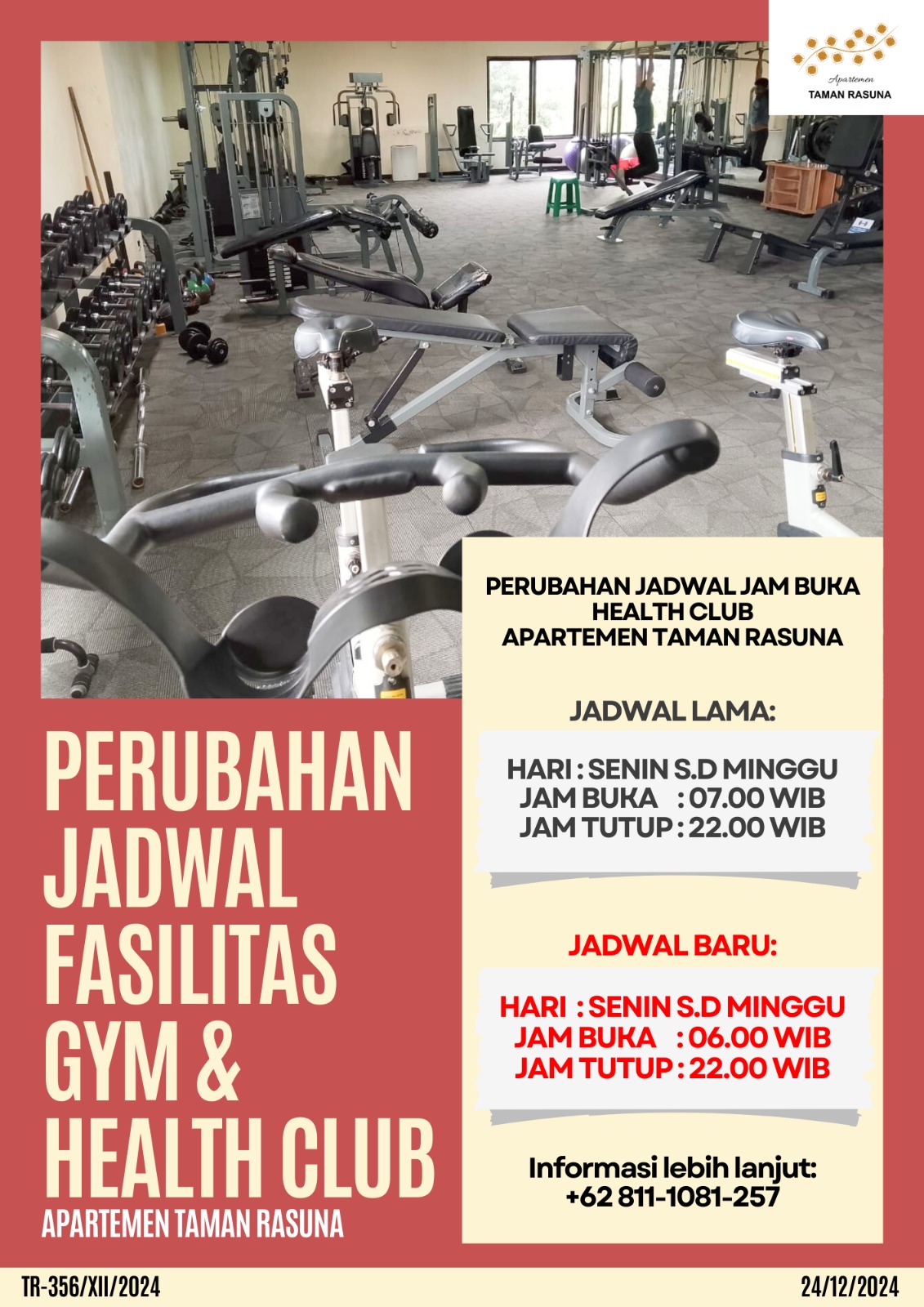 PERUBAHAN JADWAL FASILITAS GYM & HEALTH CLUB  TR-356/XII/2024